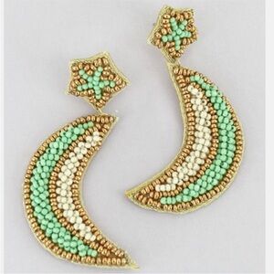 Mint & Gold Beaded Crescent Moon Statement Earrings